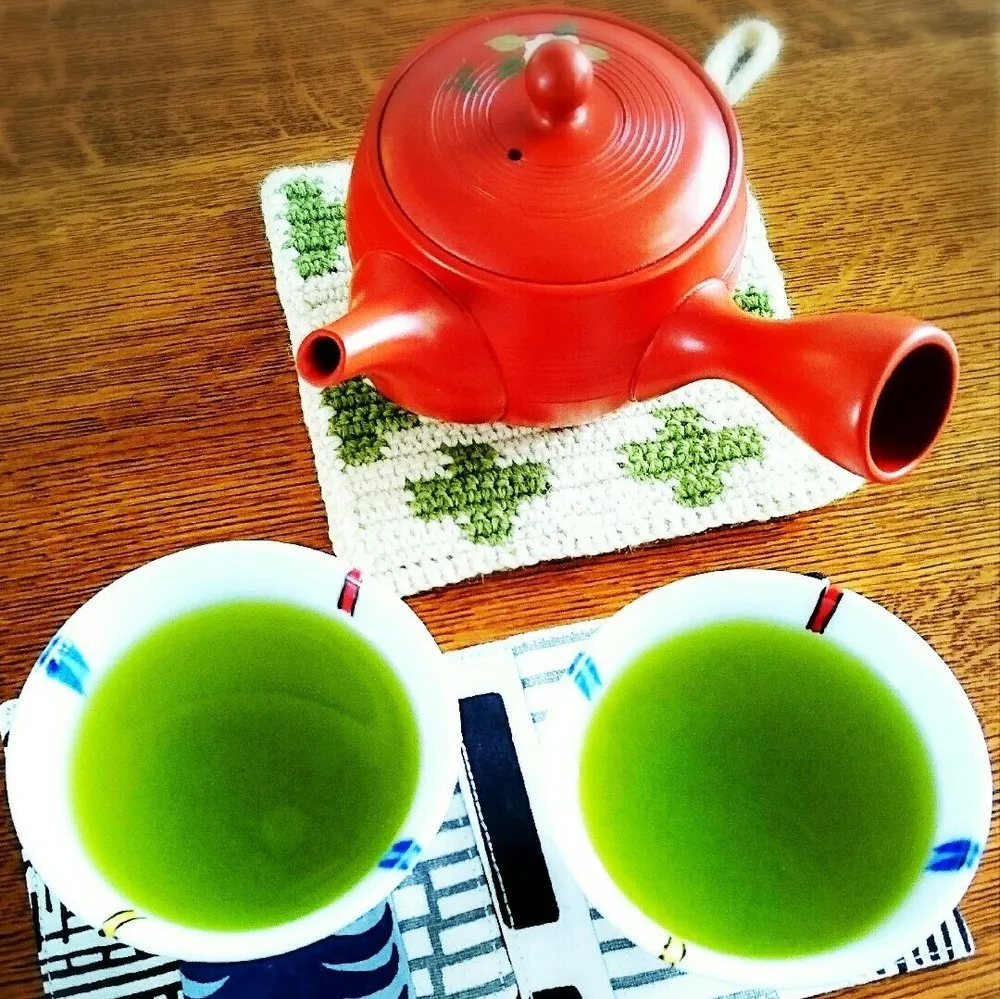 常滑急須と緑茶が注がれた2つの湯呑